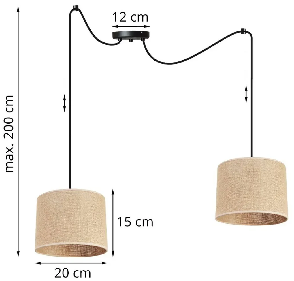 Závesné svietidlo Juta Spider, 2x jutové tienidlo, (výber z 2 farieb konštrukcie), (fi 20cm)