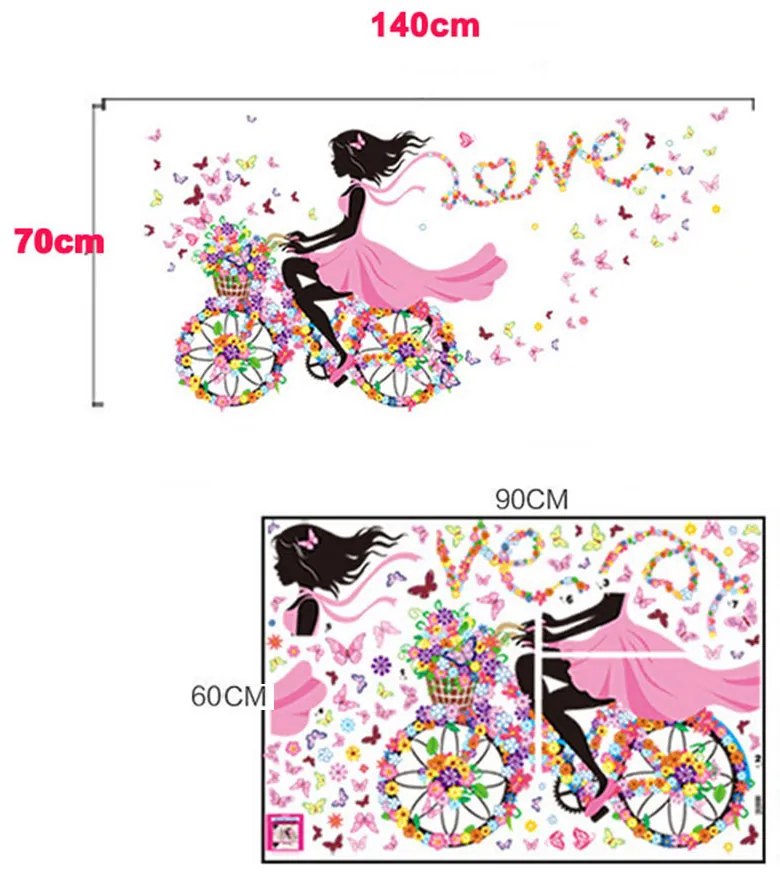 Samolepka na stenu "Dievča s motýľmi na bicykli" 140x70 cm
