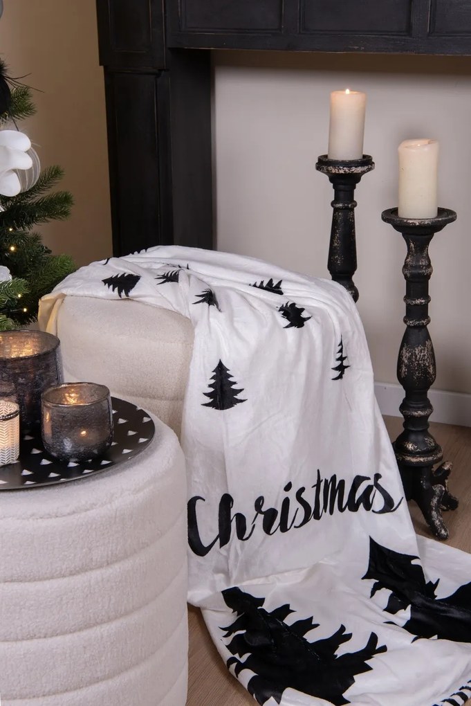 Bielo-čierny plyšový pléd so stromčekmi Black&White X-Mas - 130*170 cm