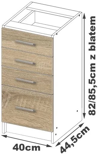 Dolná kuchynská skrinka Lula s40 sz4 (matná biela + dub sonoma). Akcia -17%. Vlastná spoľahlivá doprava až k Vám domov. 1068766