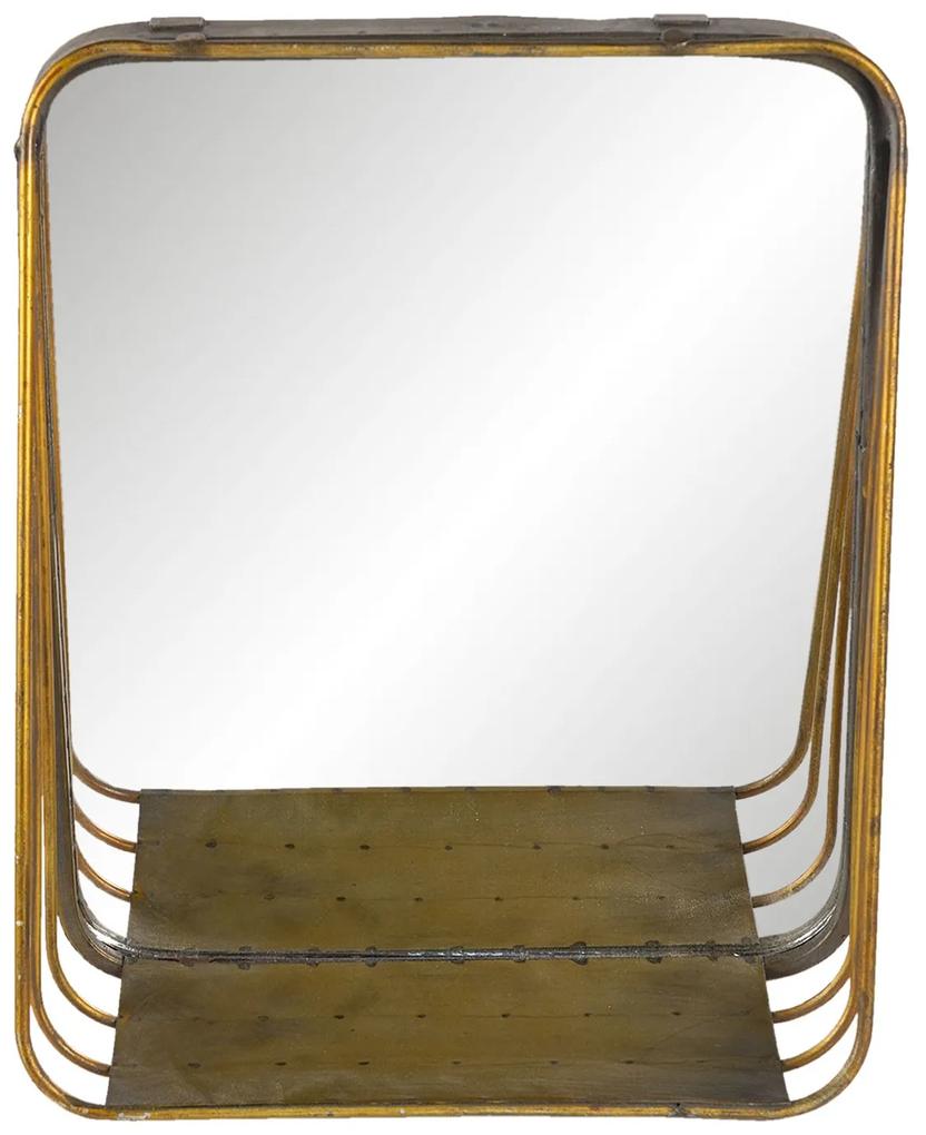 Zlaté štvorcové zrkadlo v kovovom ráme s drevenou poličkou Gold - 26 * 11 * 32 cm