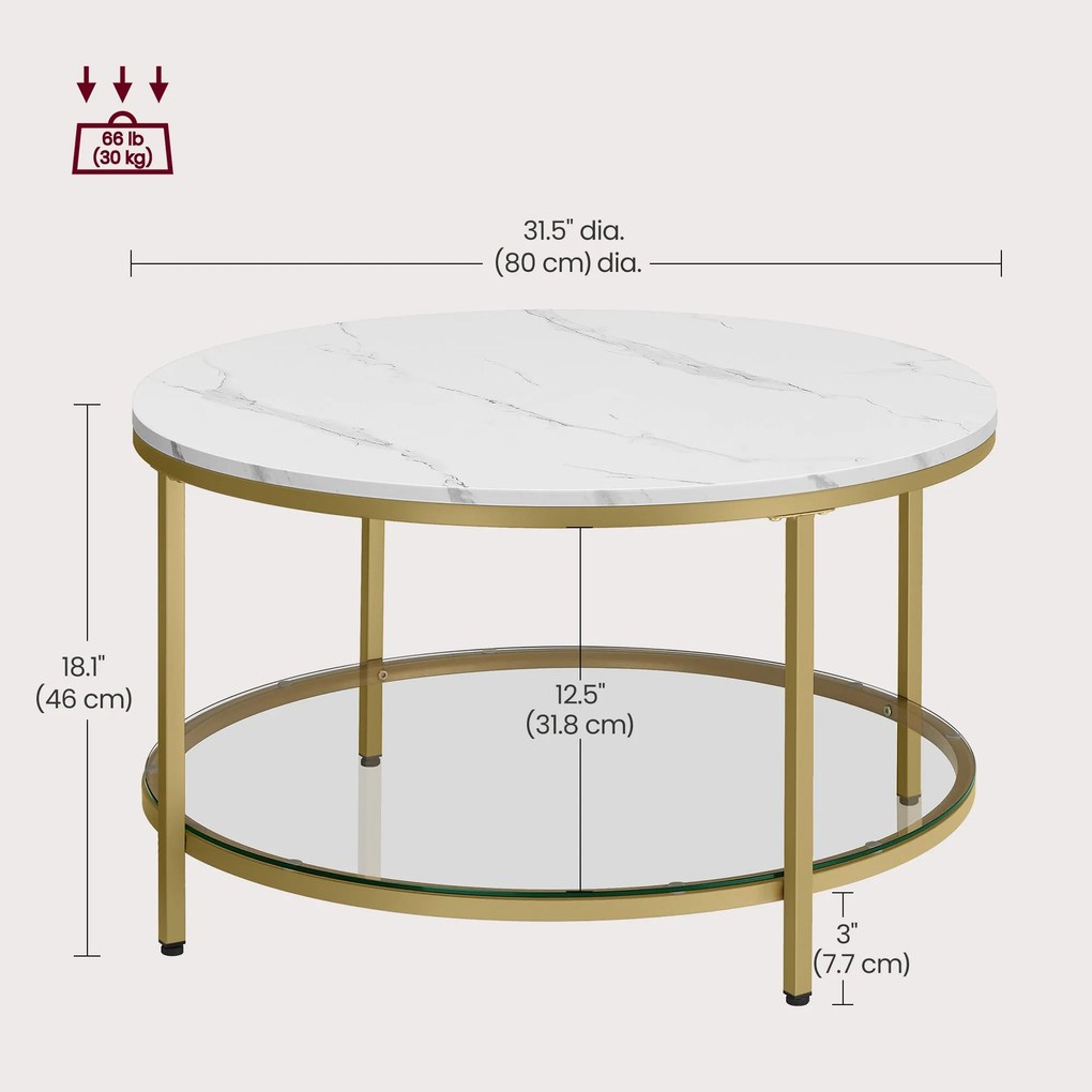 Okrúhly obývací stôl z umelého mramoru s odkladacou policou, moderný štýl, priemer 80 cm