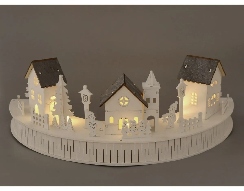 Drevená svietiaca LED dekorácia Dedinka s kostolíkom, 40 x 14 x 20 cm, polkruh