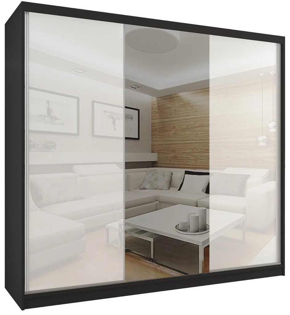 Šatníková skriňa 232 cm Belini čierny mat / biely lesk s posuvnými dverami a zrkadlom BM SZP4/2/B/WI/2W1L/HI