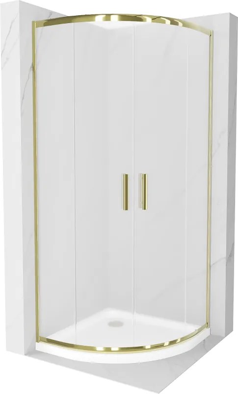 Mexen Rio, štvrťkruhový sprchovací kút s posuvnými dverami 90(dvere) x 90(dvere) x 190 cm, 6mm sklo námraza, zlatý profil + biela sprchová vanička SLIM, 863-090-090-50-30-4110G
