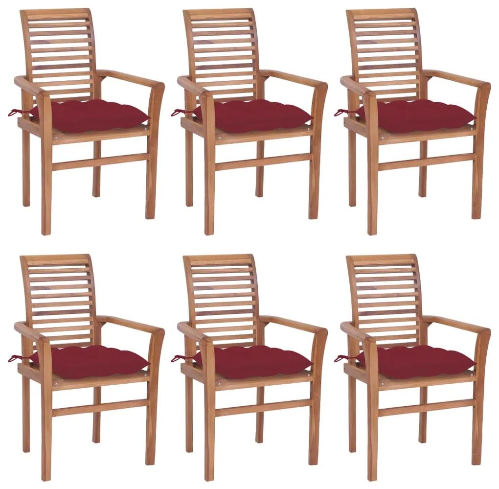 Jedálenské stoličky 6 ks vínovo-červené sedáky tíkový masív 3072970