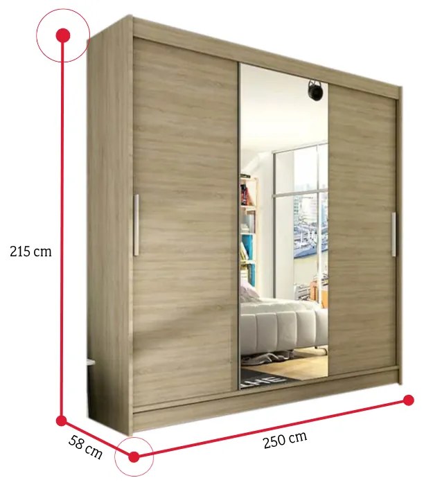 Posuvná šatníková skriňa LUKAS so zrkadlom, 250x215x58, biela mat