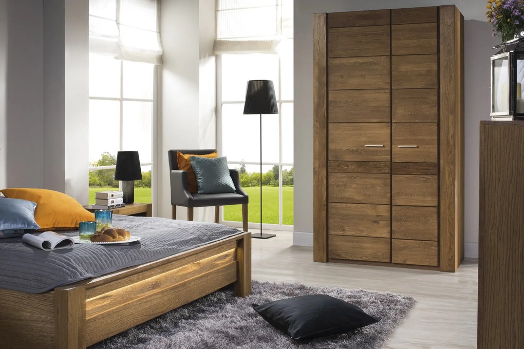 Dvoulůžková postel Velvet II 76 160x200 z masivu s LED osvětlením dub Rustikal/béžová