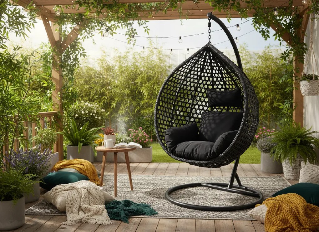 CH ČIERNA ZÁVESNÁ STOLIČKA, VANKÚŠ – ČIERNY, RÁM – ČIERNY 107 x 68 x 120 CM