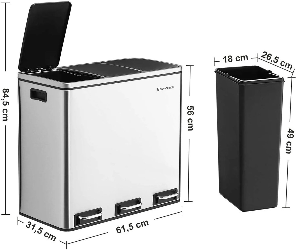 SONGMICS Odpadkový kôš LTB54NL na triedený odpad, 3 x 18 L, strieborný