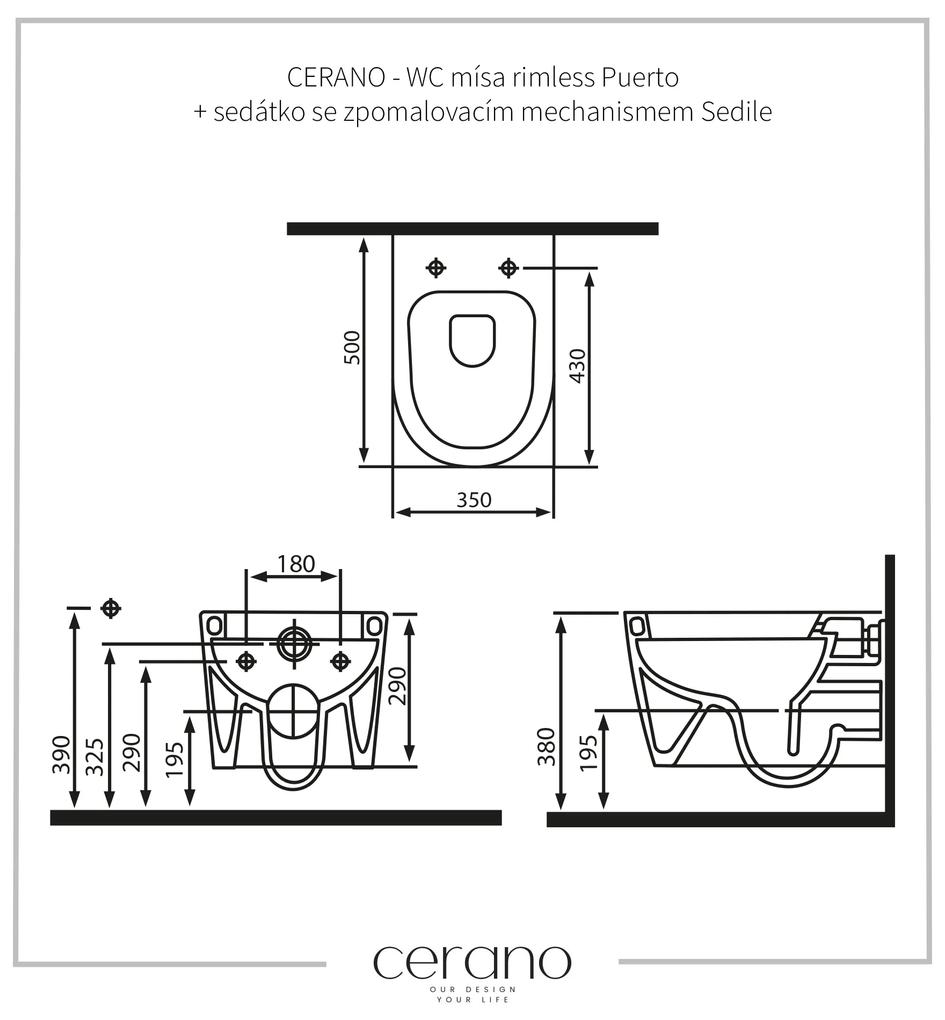 Cerano Puerto, WC misa Rimless 500x350x290 mm + WC doska so spomaľovacím mechanizmom Sedile, biela lesklá, CER-CER-417848