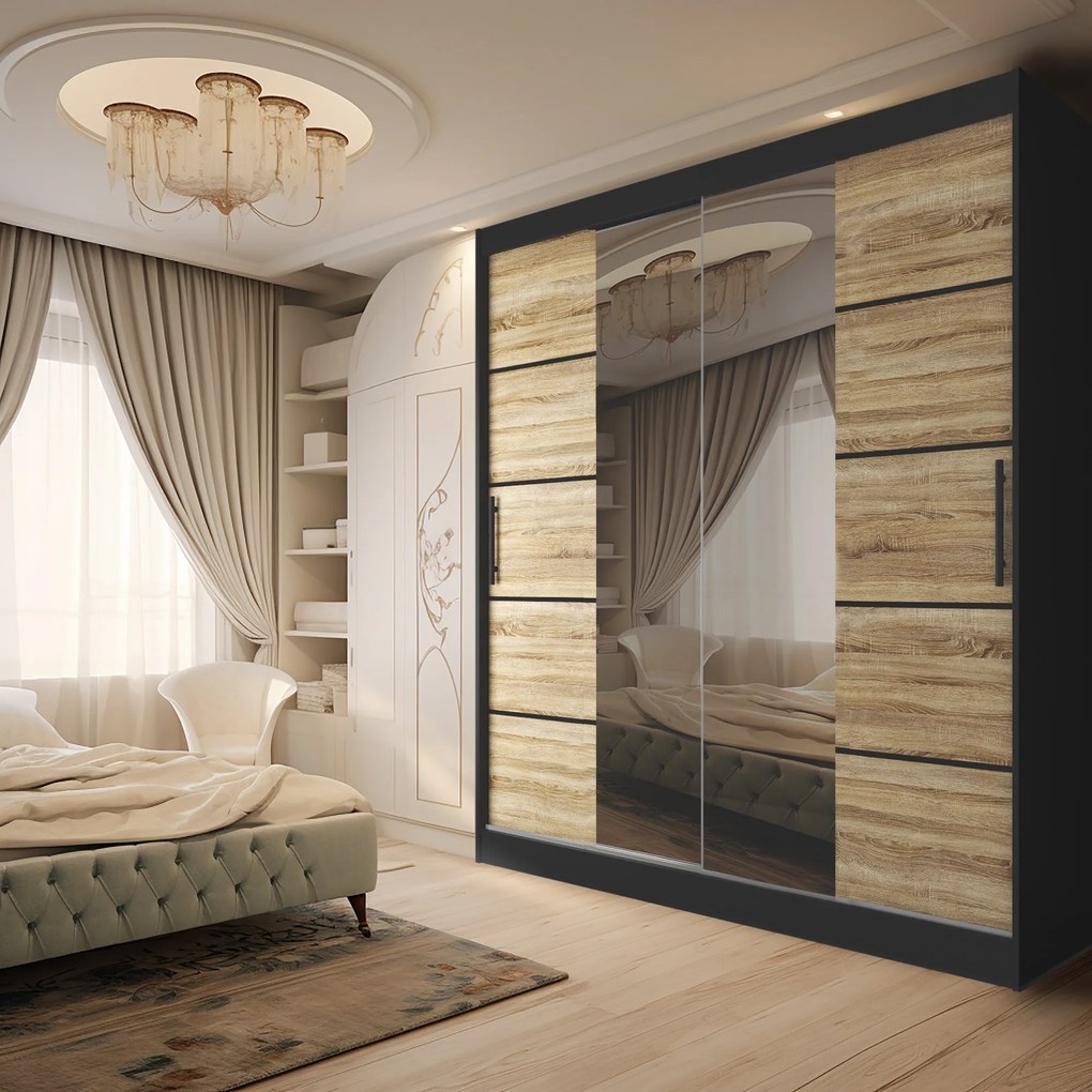 Šatníková skriňa 200 cm Belini čierny mat / dub sonoma s posuvnými dverami zrkadlom a zásuvkami  ME SZP5/1/B/DS/0/KLP