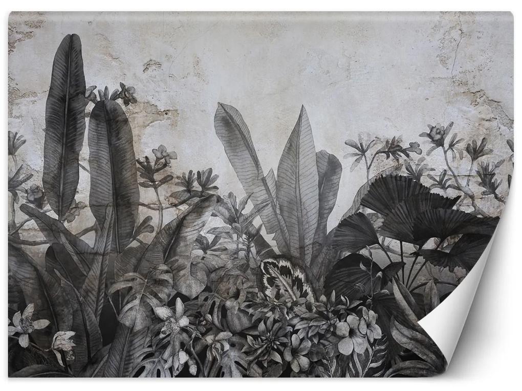 Gario Fototapeta Čierne a biele tropické listy na betóne Materiál: Vliesová, Rozmery: 200 x 140 cm