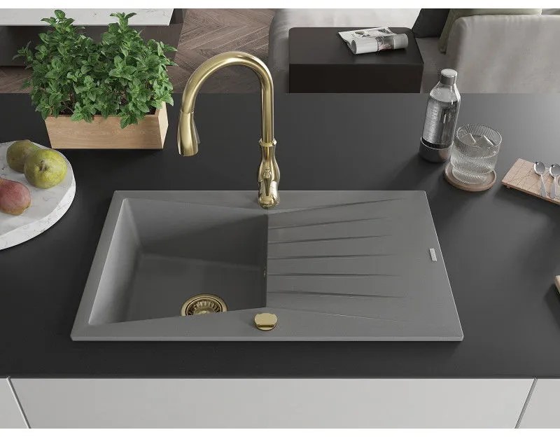 Mexen Cesar, 1-komorový granitový drez 775x470x190 mm a drezová batéria Savita, šedá, 6514-71-672601-50