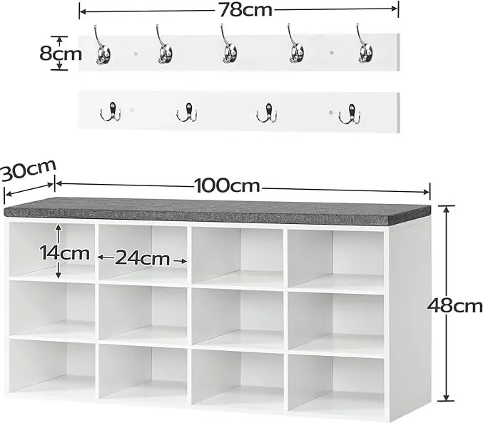 Predsieňový vešiak s botníkom a sedadlom Vasagle Jungo 100 cm biely/sivý