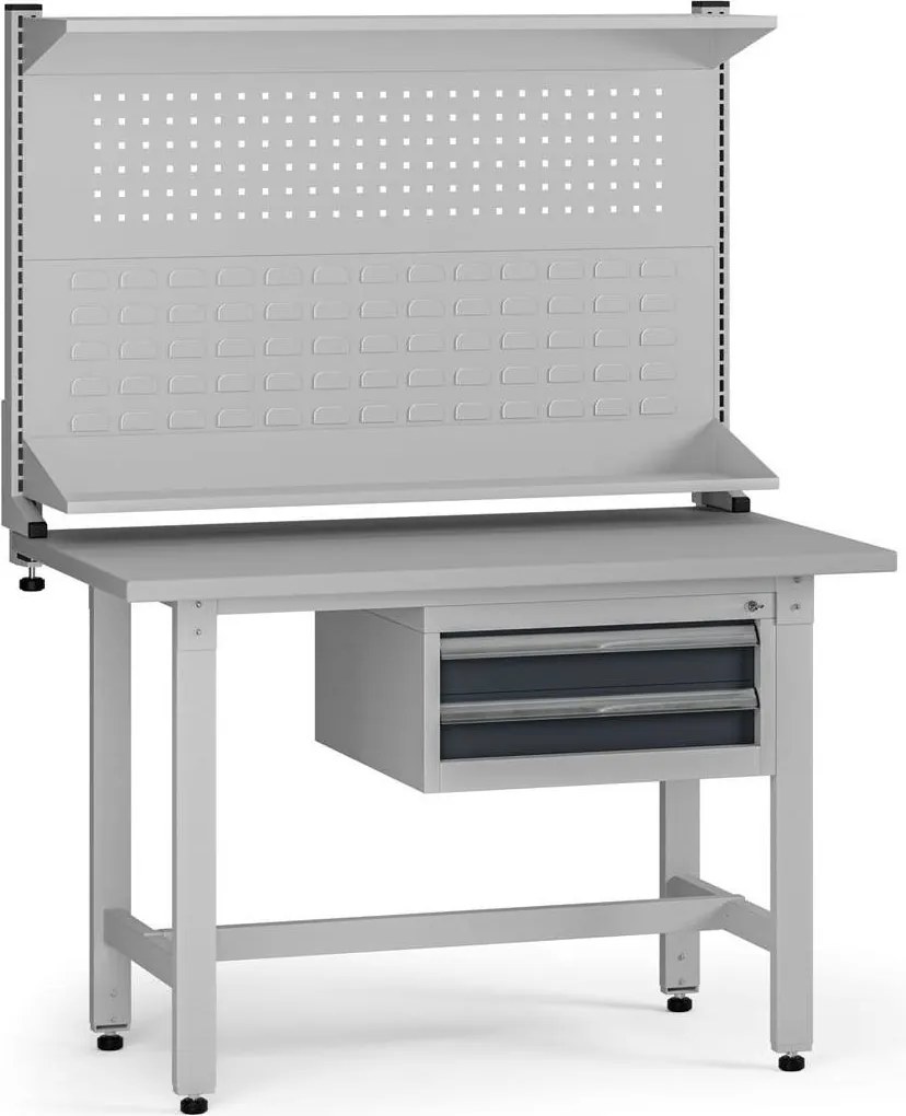 Výškovo nastaviteľný dielenský stôl G5 s nadstavbou, 1200 x 750 x 800-1000 mm, 1x kontajner, 2 zásuvky, grafit