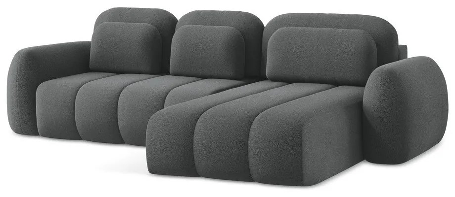 Tmavosivá rozkladacia/s úložným priestorom rohová pohovka z textílie buklé (pravý roh/s leňoškou) Pele – Makamii