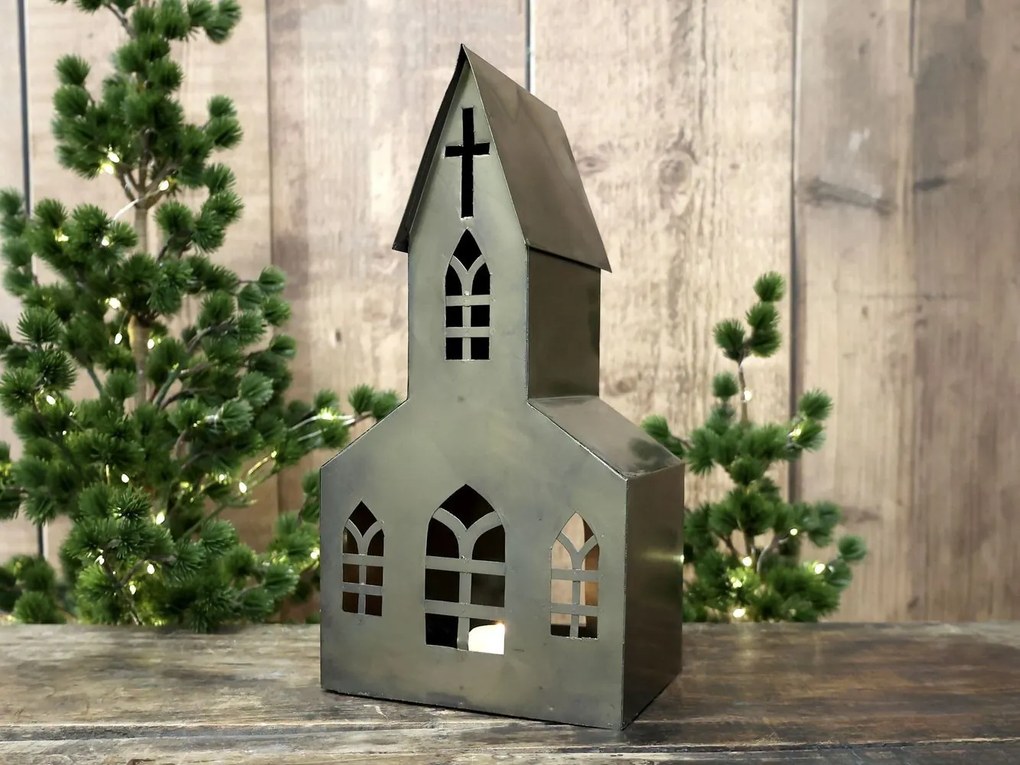 Mosadzný antik kovový domček kostol na sviečku Canie - 18*12*35 cm
