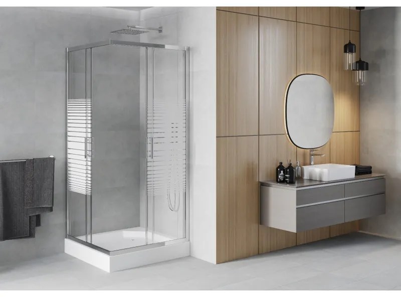 Mexen Rio, štvorcový sprchovací kút s posuvnými dverami 90 x 90 cm, 6mm číre sklo/pásy, chrómový profil + biela vysoká sprchová vanička Rio, 860-090-090-01-20-4510