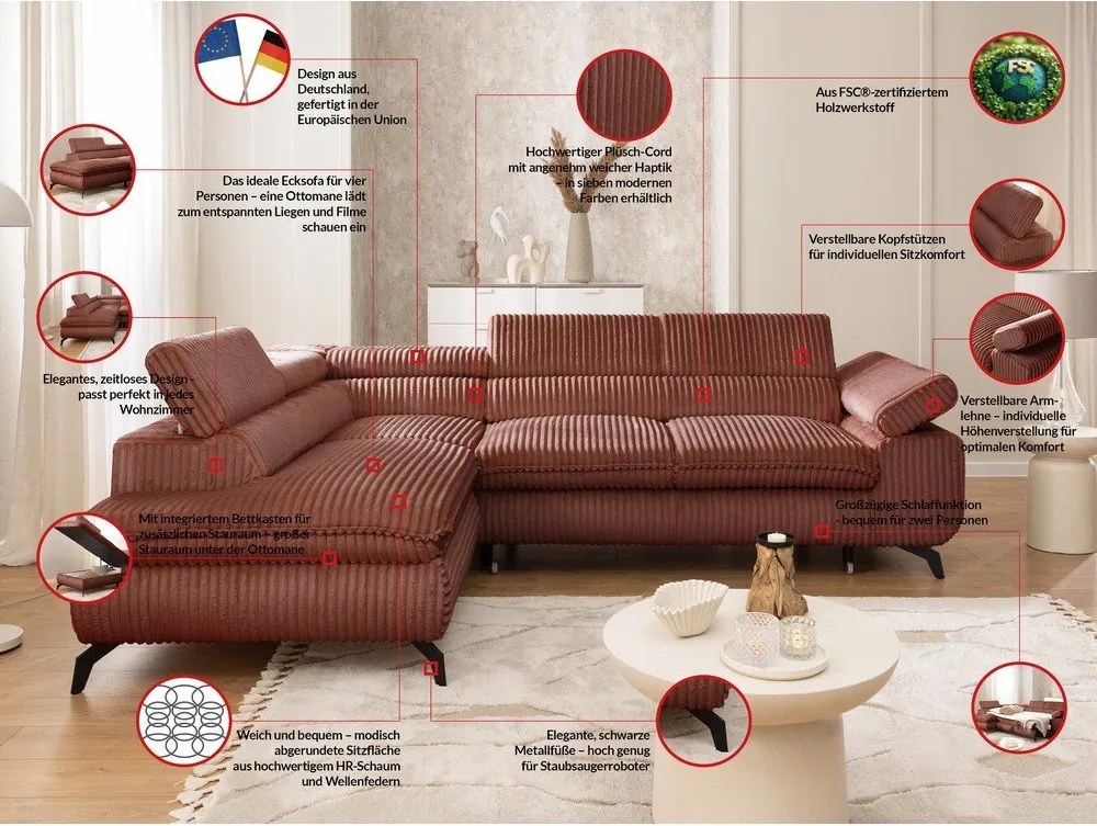 Menčestrová rohová pohovka v terakotovej farbe (ľavý roh/do L) Marbeya – Ropez