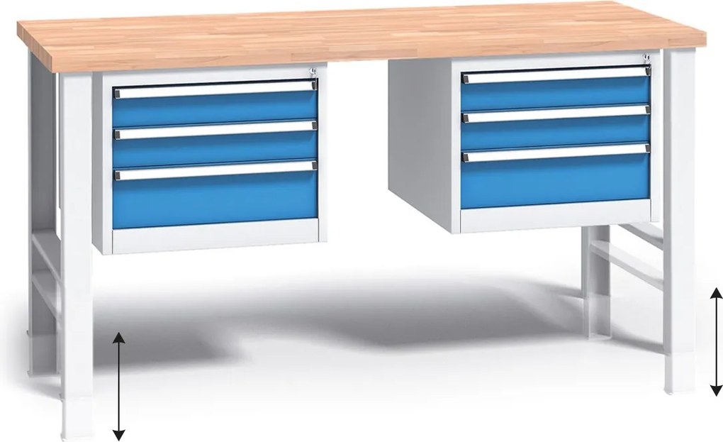 Výškovo nastaviteľný pracovný stôl do dielne G3 s 2 závesnými boxami na náradie, buková škárovka, 6 zásuviek, 1700 x 685 x 840 - 1050 mm, modrá