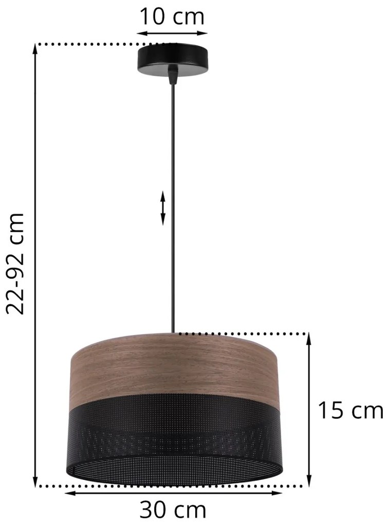 Závesné svietidlo Wood, 1x hnedá orechová dýha/čierne PVC tienidlo, (fi 30cm)
