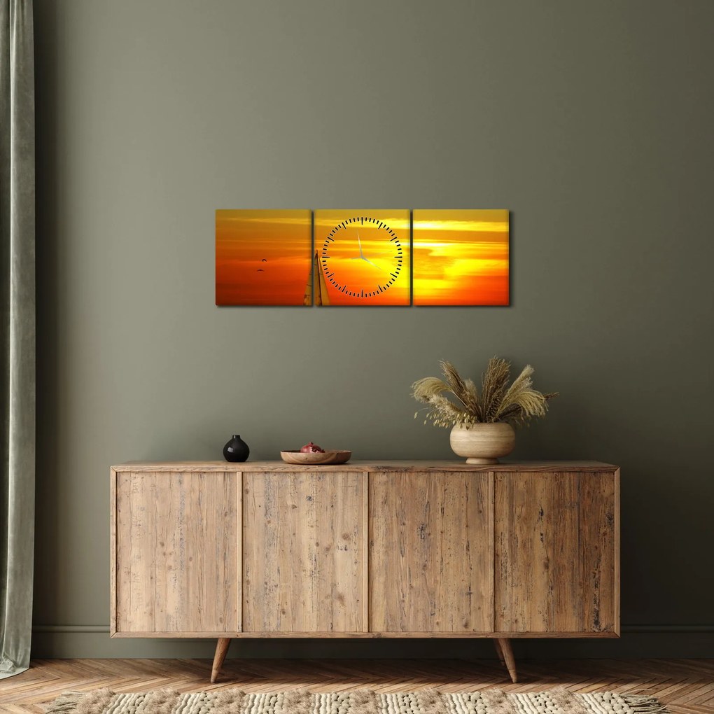 Obraz západu slnka s jachtou (s hodinami) (90x30 cm)