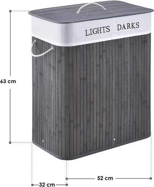 Bambusový košík na bielizeň 100 l, 2 priehradky, sivý