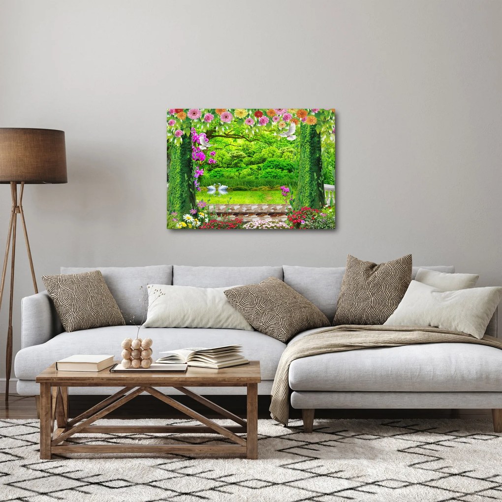Obraz - Čarovná záhrada s labuťami (70x50 cm)