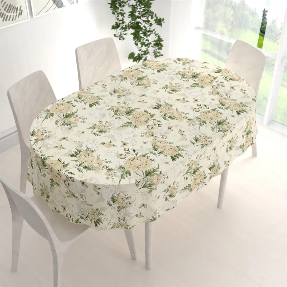 Biante Bavlnený oválny obrus Sandra SA-473 Pivonky s motýlikmi na vanilkovom 60x100 cm