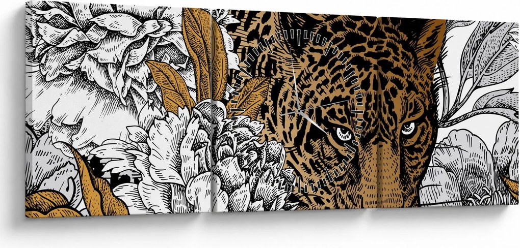 Obraz - Leopard medzi kvetmi (s hodinami) (90x30 cm)