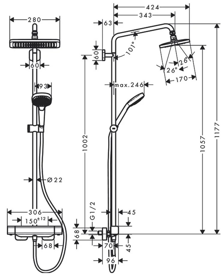 Hansgrohe Croma E, showerpipe 280 1jet so sprchovým termostatom, chróm, HAN-27630000