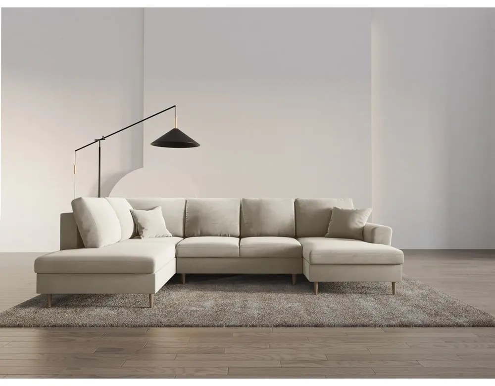 Béžová zamatová rozkladacia/s úložným priestorom rohová pohovka (ľavý roh/do "U") Kyoto – Cosmopolitan Design