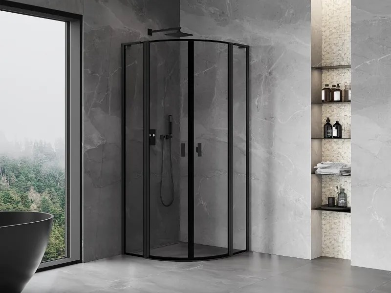 Mexen Mist L, štvrťkruhový sprchový kút s 2-krídlovými dverami, 100 x 100 cm, 8mm číre sklo, čierny profil, 8A32L-100-100-70-70