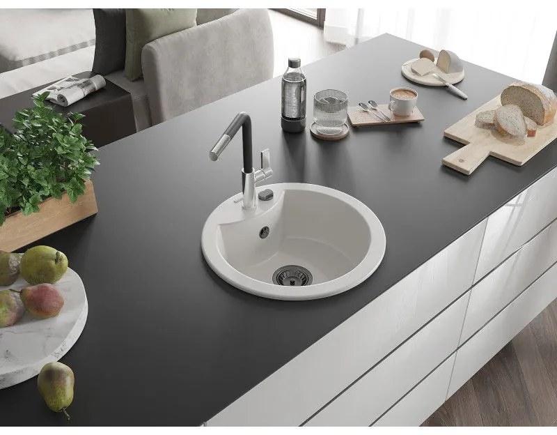 Mexen Diego, 1-komorový granitový drez 488x488x167 mm a drezová batéria Flora, biela, 6512-20-670401-07-B