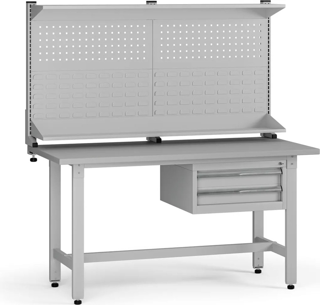Výškovo nastaviteľný dielenský stôl G5 s nadstavbou, 1500 x 750 x 800-1000 mm, 1x kontajner, 2 zásuvky, sivá