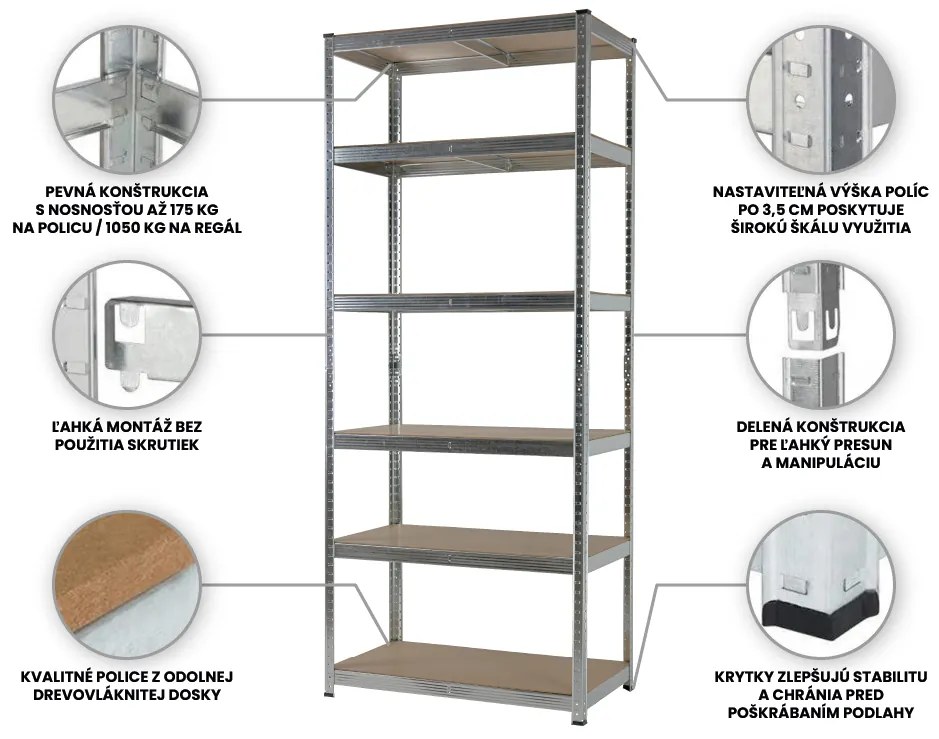 Fistar Regál 2400x1000x500 mm kovový zinkovaný 6-policový, nosnosť 1050 kg