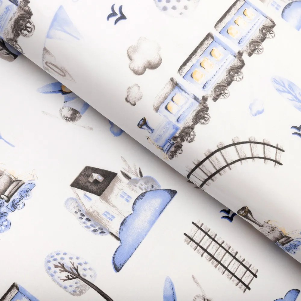 Biante Detská bavlnená obliečka na vankúš Sandra SA-690 Modré vláčiky s lietadielkami na bielom 60 x 60 cm