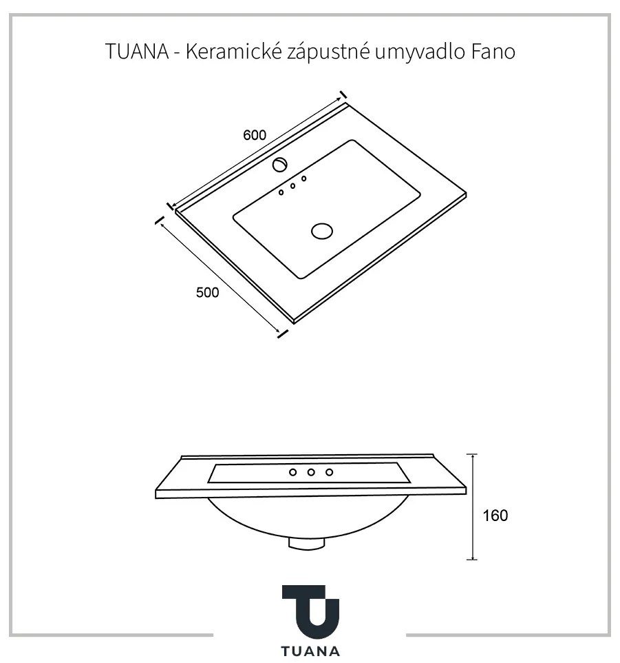 Tuana Fano, keramické zápustné umývadlo 60x50 cm, biela lesklá, CER-TU-475853