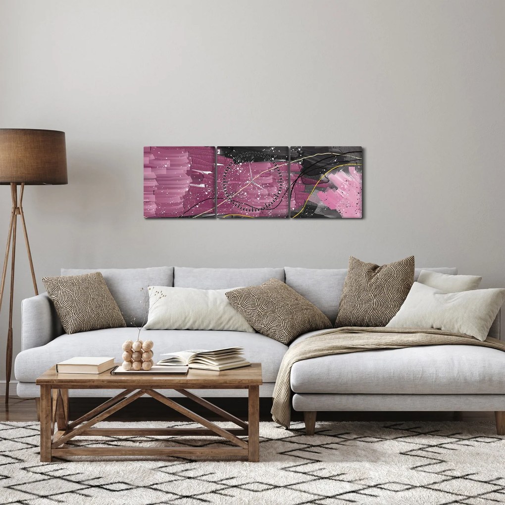 Obraz - Ružovo-čierna abstrakcia (s hodinami) (90x30 cm)