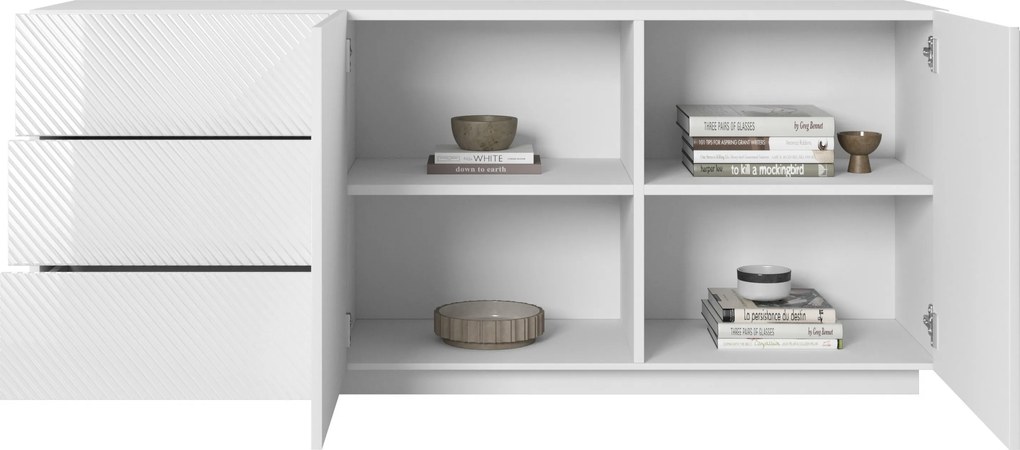 Biela komoda Asha 167 cm s dvoma dverami a zásuvkami - lesklá