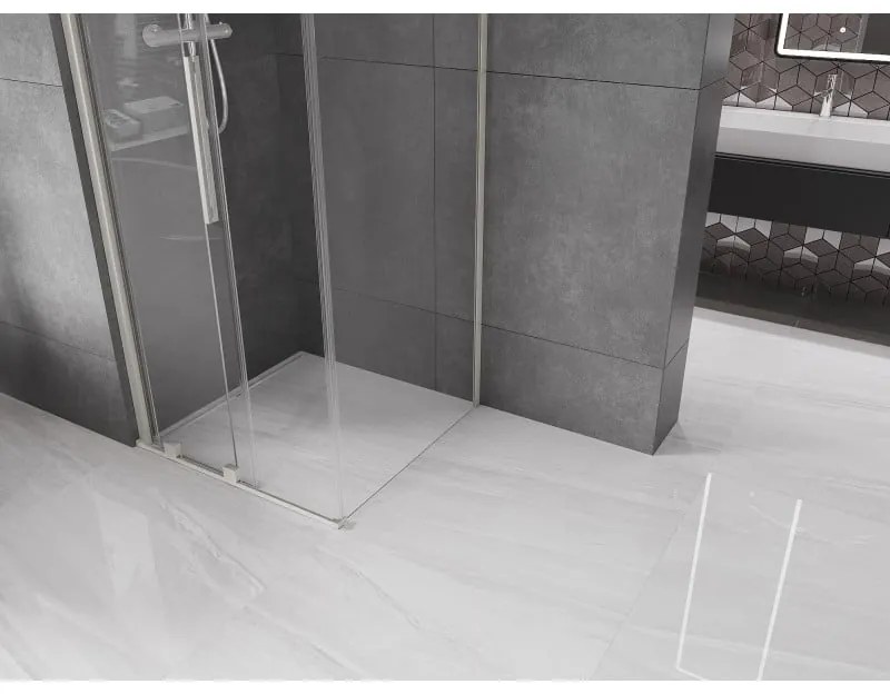 Mexen Velar, sprchový kút s posuvnými dverami 110 x 110 cm, 8mm číre sklo, brúsená oceľ, 871-110-110-01-97