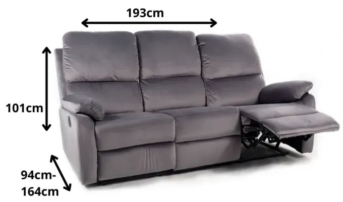 Polohovací třímístná pohovka Spencer Velvet 193 cm šedá