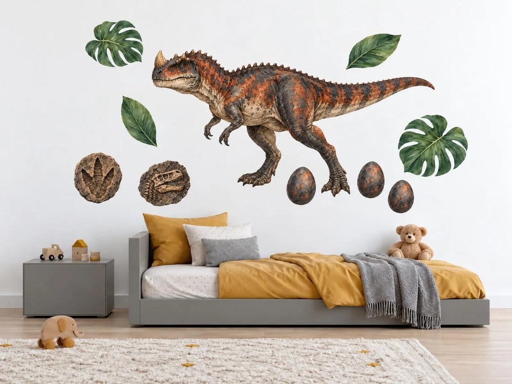 Ceratosaurus a skameneliny realistické dinosaurie nálepky do detskej izby pre chlapcov na stenu arch 46 x 33 cm