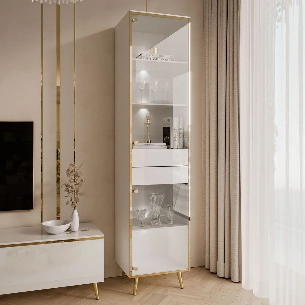 VITRÍNA NESSIE BIELY LESK + ZLATÁ NA NOŽIČKÁCH 45 x 194 cm