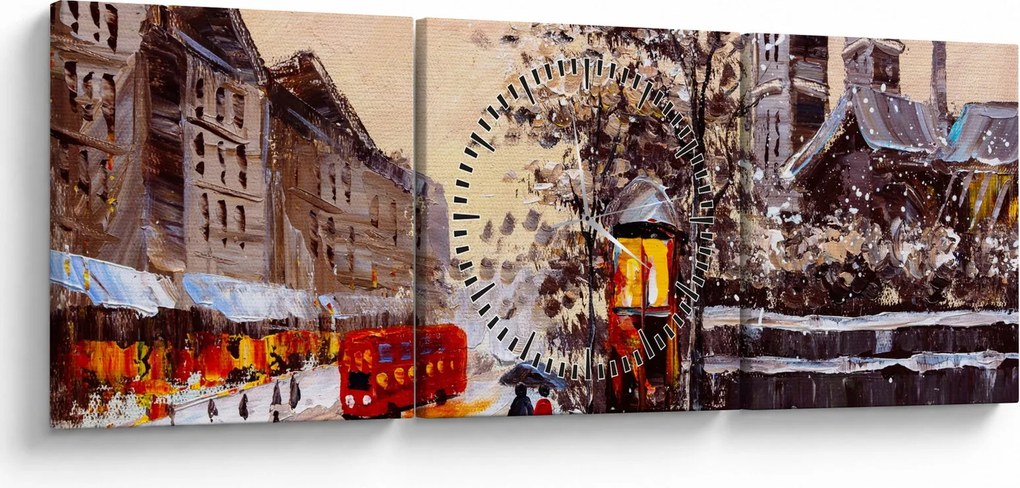 Obraz - Maľba zimného mesta (s hodinami) (90x30 cm)