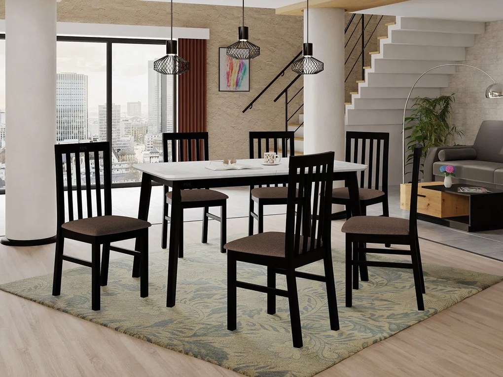 Rozkladací stôl so 6 stoličkami AL16, Morenie: biela, Poťahové látky: Kronos 7, Farby nožičiek: čierna
