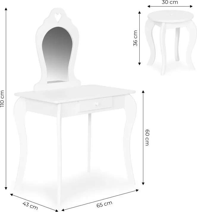 Veľký drevený detský toaletný stolík so zrkadlom pre dievčatá biely