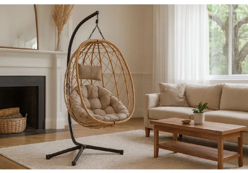 Závesné kreslo Garden Line béžovej farby s béžovým vankúšom a čiernym rámom FAT9100
