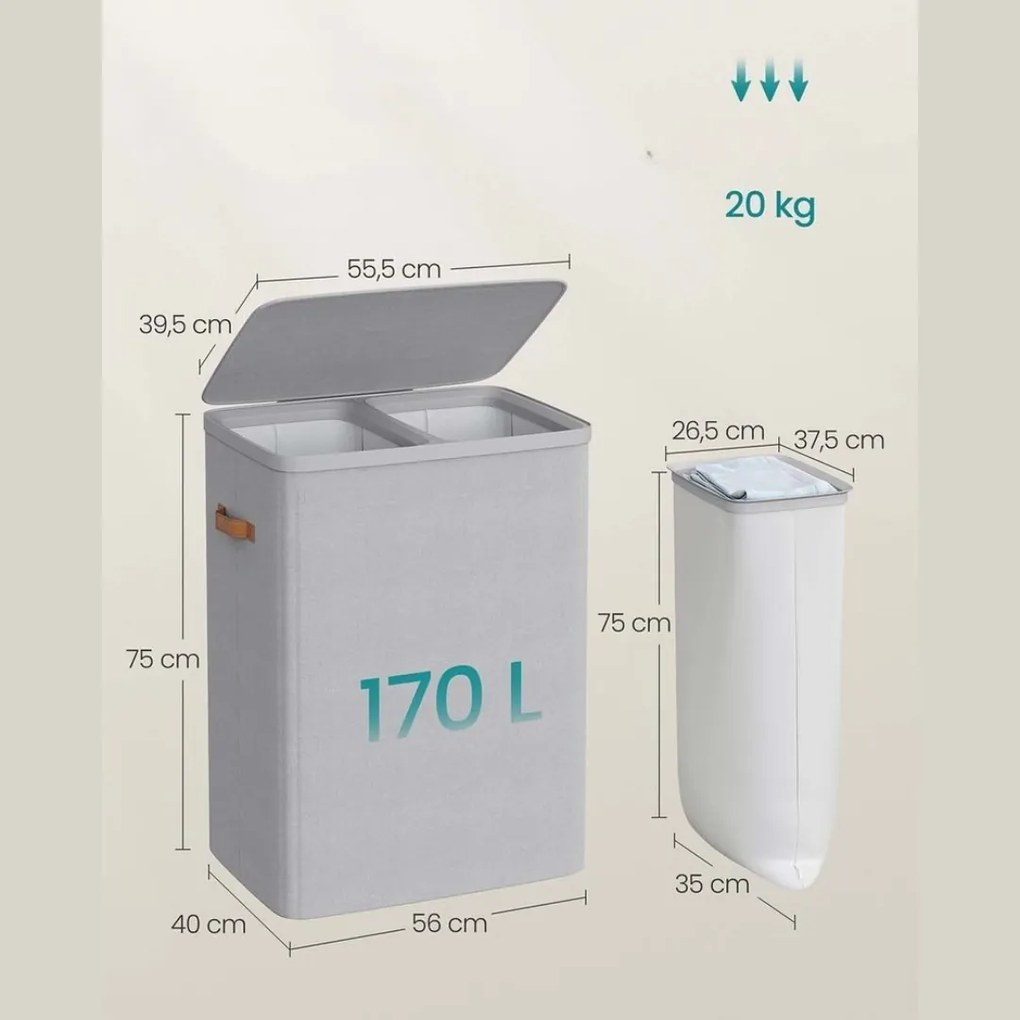 SongmicsHome Kôš na bielizeň TALIA 170l, 56x40x75cm, svetlá šedá